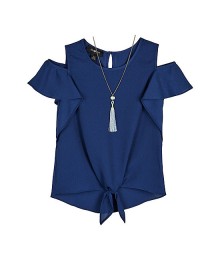 Amy Byer Navy Short Sleeve Tie Front Blouse With Necklace